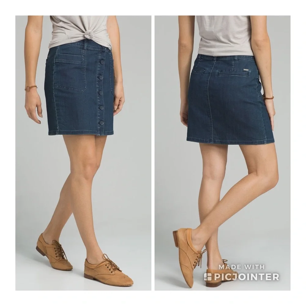 Prana Kara Indigo Denim Skirt Button Down 2 Jean High Waist Rise